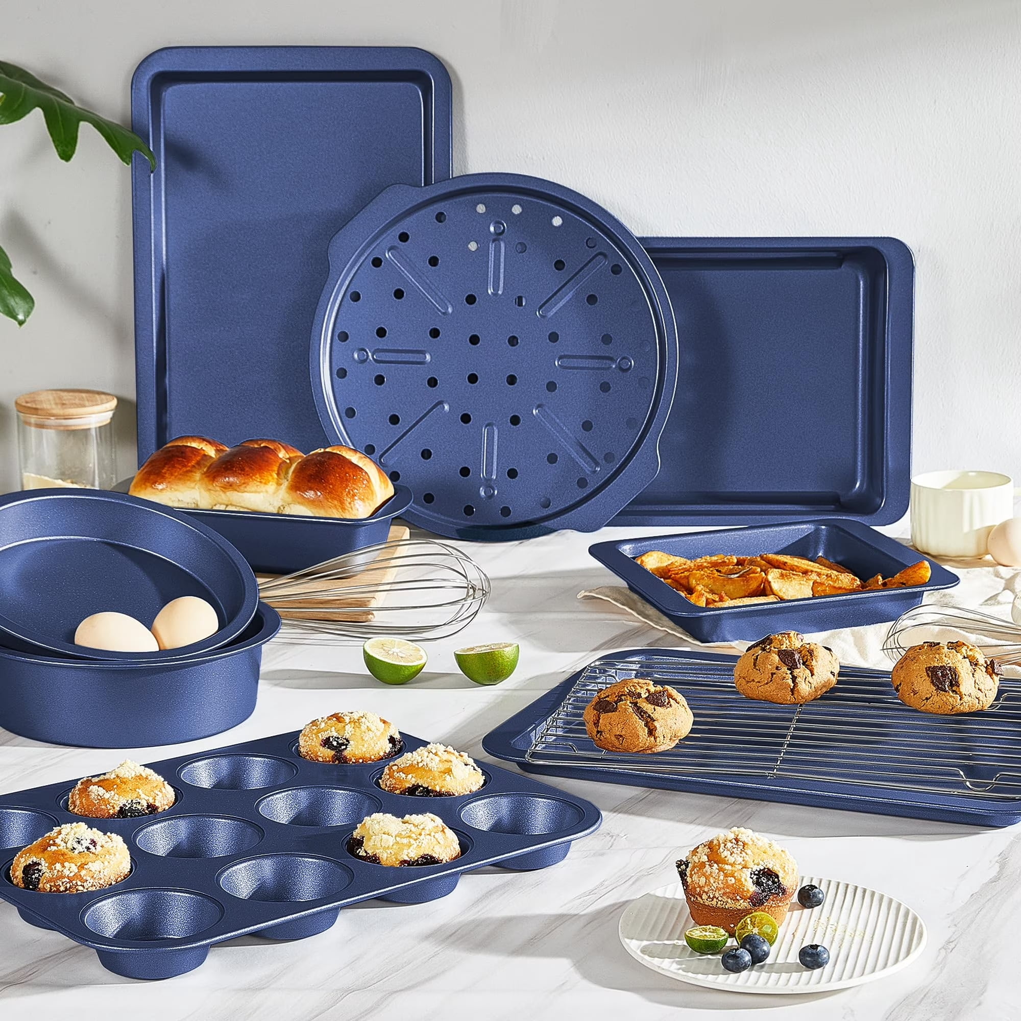 HONGBAKE 10-Piece Nonstick Carbon Steel Bakeware Set, Baking Pan Set with Baking Sheets, Cake Pans, Loaf Pan & Muffin Pan, Champagne Blue