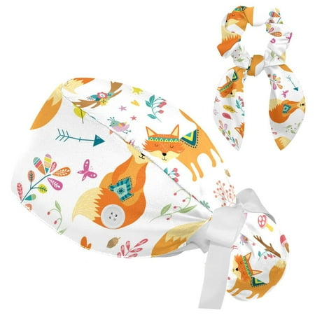 

Working Cap with Buttons and Sweatband Scrub Hat Bouffant Caps with Scrunchie Fox Tie Back Hats