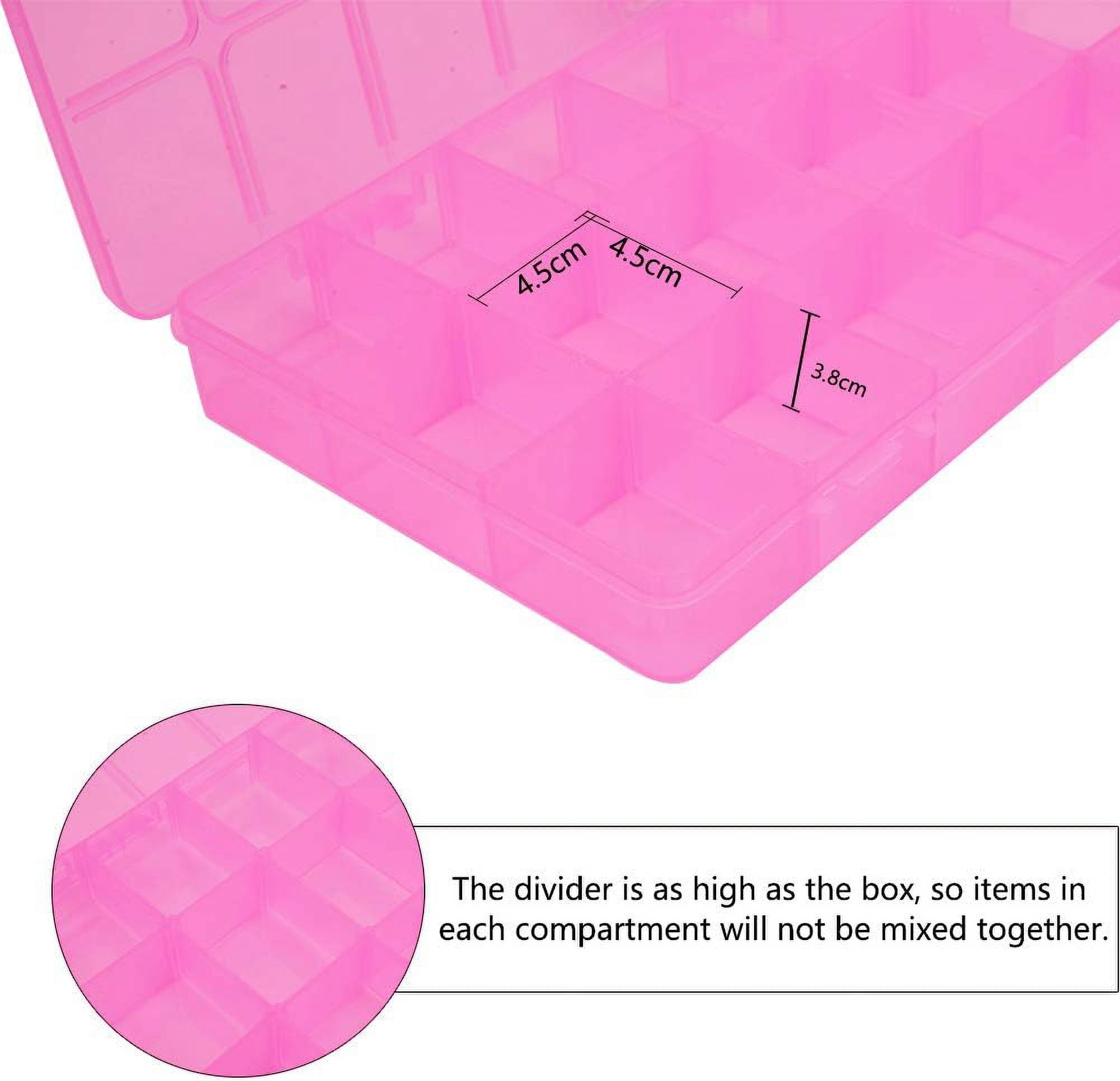 4 Pack 18 Grids Large Pink Transparent Plastic Storage Box Bead Organizer with Adjustable Dividers for Jewelry Beads Tools Craft Accessories and Other Small Items - 9.4x5.7x1.18 Inch Making DIY