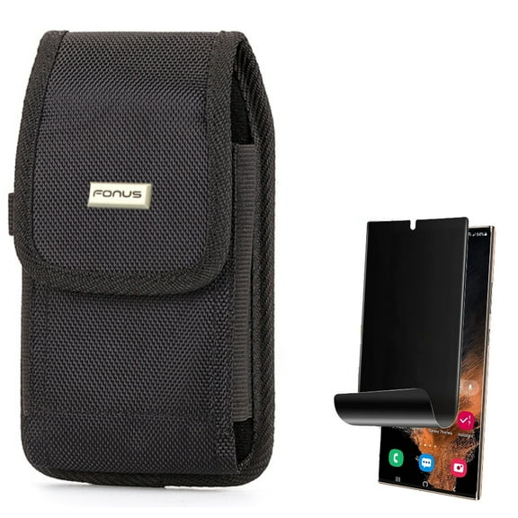Case Belt Clip w Privacy Screen Protector for Samsung Galaxy S22 Ultra - Rugged Holster Canvas, TPU Film (Fingerprint Works) Anti-Peep