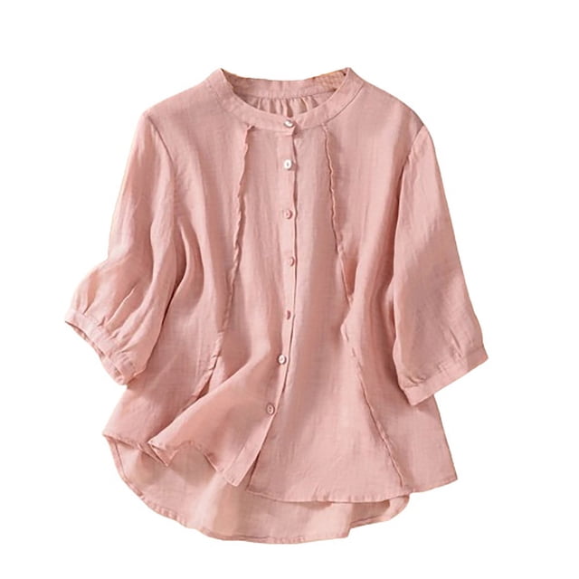 AherBiu Chemises pour Femmes Manches 3/4 Coton Lin Chemises Boutonnées Col Rond Blouse Décontractée Ample Hauts
