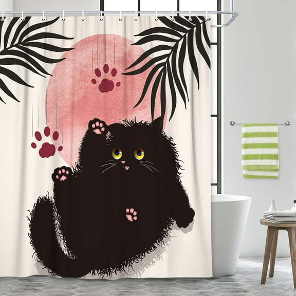 Boho Black Cat Shower Curtain, Modern Sage Plant Leaves Pink Cute Minimalist Aesthetic Bathroom Curtain,Funny Black Cat Waterproof Bathroom Decor Cute Animal Polyester Bath Curtain with Hooks,36X72