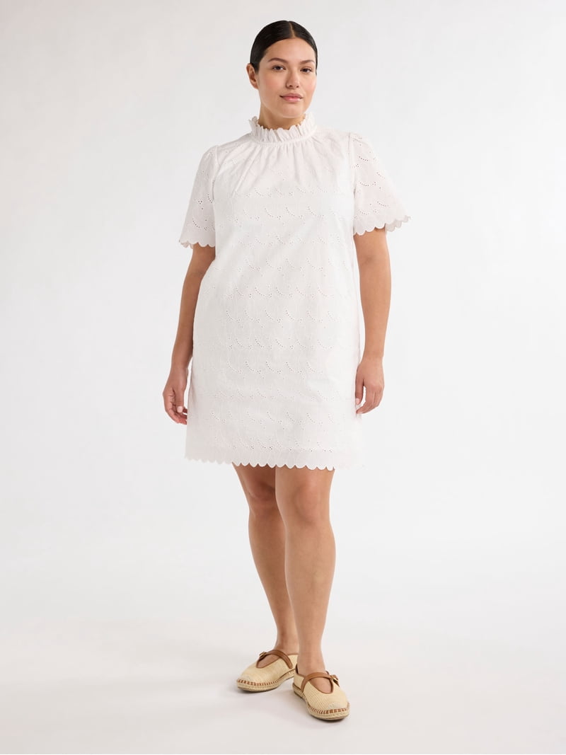 Free Assembly Women's and Women's Plus Ruffle Neck Cotton Eyelet Mini Dress  with Short Sleeves, Sizes XS-4X - Walmart.com