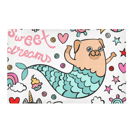 SUNENAT Pug Mermaid Decor Non Slip Bath Rug Absorbent Shower Mat for Tub Bathroom Large Size 20 x 32 Inches
