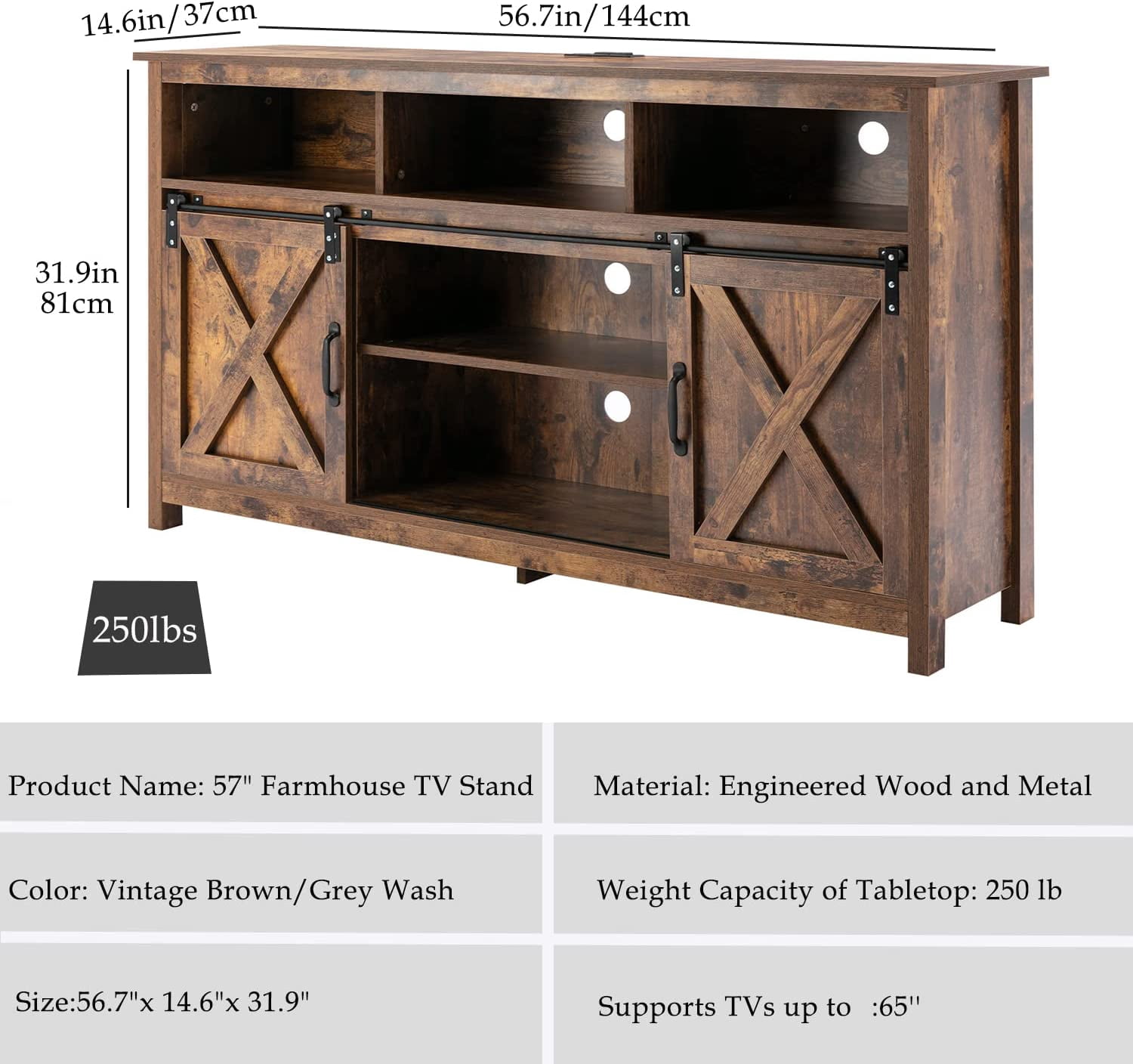 ANPOO Farmhouse TV Stand for 65 inch TVs, Rustic Entertainment Center TV Cabinet Stands with Power Outlets and LED lights