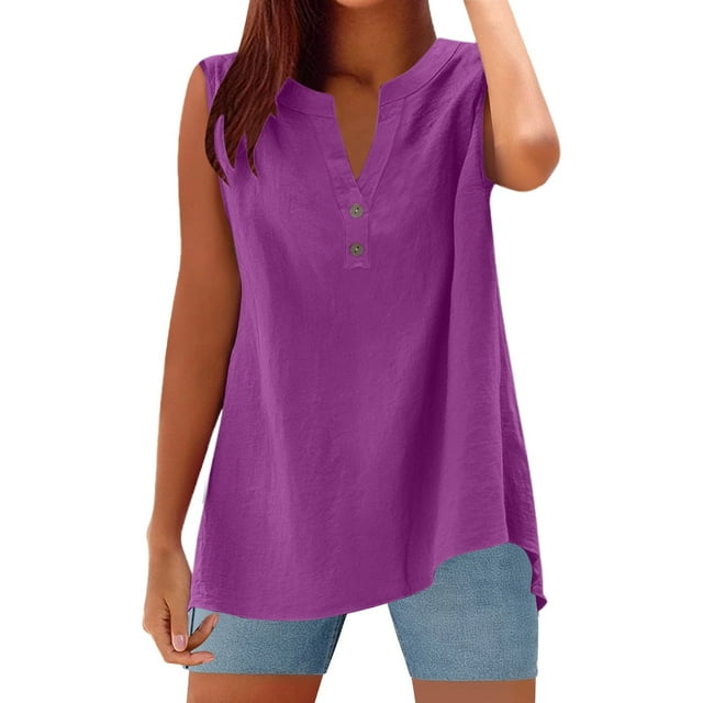 Camisa sin mangas con cierre de botones para mujer para el verano: informal para el día a día, color liso, versátil con vaqueros/pantalones.