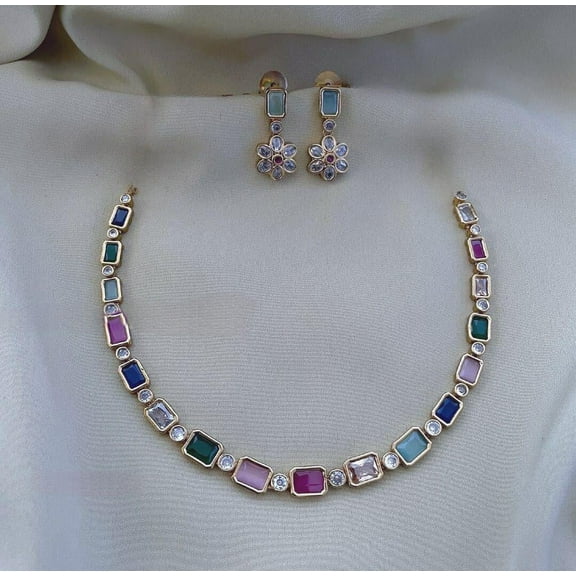 South Indian Bollywood Navaratna Short Necklace Set – Gold-Plated Matte Finish Brass with Multicolor CZ Stones & Floral Drop Earrings.