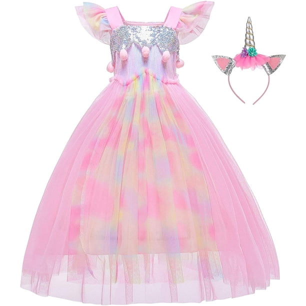 Girls Unicorn Dress Costume – Long Sleeve Tulle Gown For Birthday, Halloween, Christmas Party