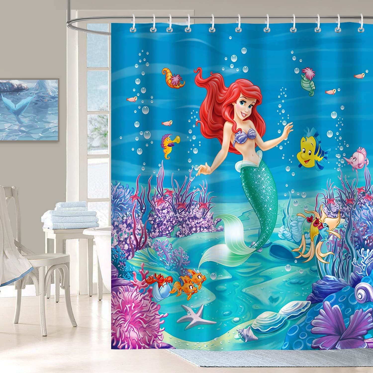 Happyline The Little Mermaid Shower Curtain for Girls Under The Sea Fish Ocean Bath Curtain 72 x