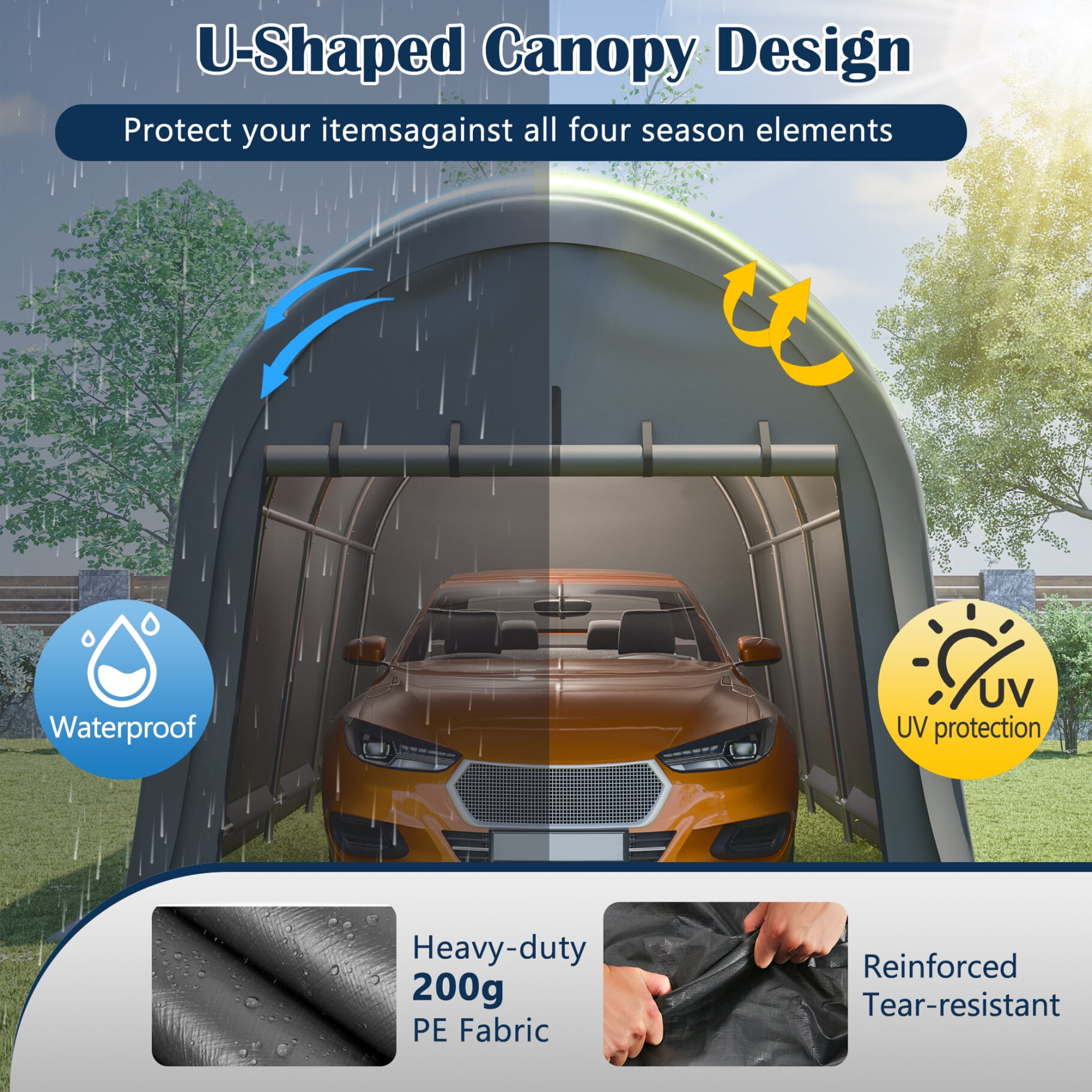10x20 FT Heavy Duty Carport Canopy, Portable Car Tent Garage with Roll-Up Zipper Door and Mesh Vent Windows, All-Weather Storage Shelter Shed for Car, SUV, Motorcycle, Grey