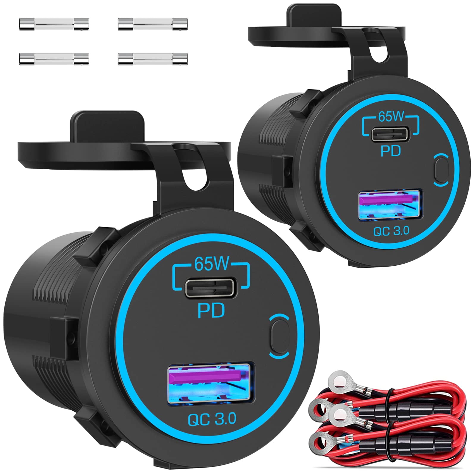 83W 12V USB Outlet Laptop Charger: Newest 2 Pack 65W USB-C PD3.0 and 18W Multi Car USB Port 12V Socket Waterproof with Power Switch for Car Boat Marine Bus Truck Golf
