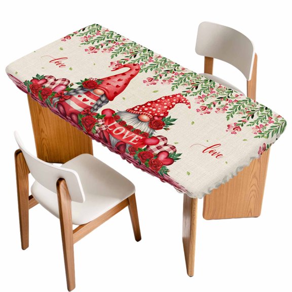 Red Gnomes Table Cloths for 3 Foot Rectangle Tables, Valentine Roses Leaves Love Beige Rustic Patio Waterproof Elastic Fitted Tablecloths, Washable Rectangular Table Cover for Camping