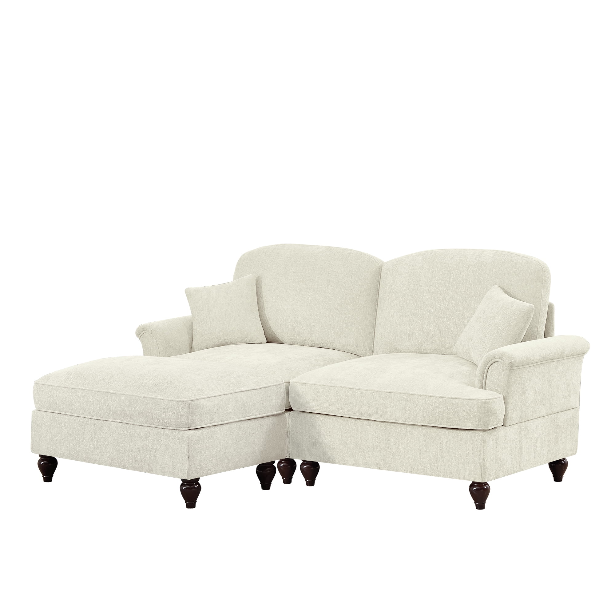 Newest Elegant Large Two Seater Modular L Shaped Sofa Couch, Flared Arms, Removable Ruffles Pleats Skirts, Spindle Legs,Comfy Chenille Loveseat Sofa, Movable Ottoman,Beige White