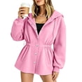 thumbnail image 4 of Ghalytn Women's Fleece Lined Hooded Jacket Waist Cinched Coat Zip and Snap Button Front Long Sleeve Outerwear with Pockets, 4 of 7