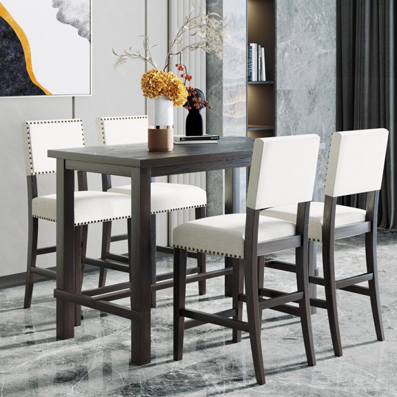 5-Piece Dining Table Set, Mid-Century Modern Counter Height Wooden Table with 4 Cushioned Chairs for Home Apartment, Padded Seats & Backrests, Espresso Beige