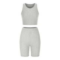 LYXSSBYX Two Piece Sets for Women Summer Women's 2 Piece Outfits Rib Knit Round Neck Sleeveless Crop Tank Top and High Waist Biker Shorts Set