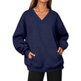 thumbnail image 2 of VV AVEORS Womens V Neck Sweatshirt With Pockets Hoodless Hoodies Fleece Pullover Dressy Casual Loose Fit Long Sleeve Tops Royal Blue XL, 2 of 9