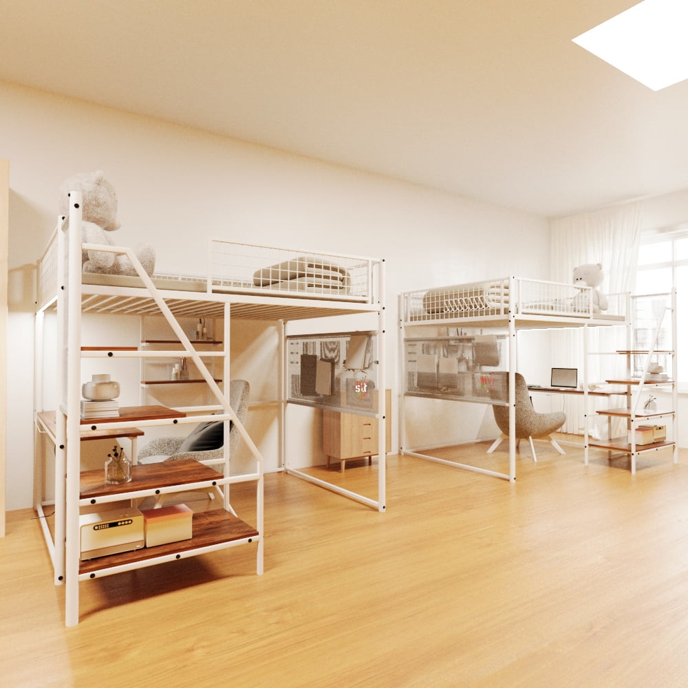 Yoneston Full Size Loft Metal Bed Frame with Built-in Charging Station and LED Lighting for Bedroom and Dormitory, White