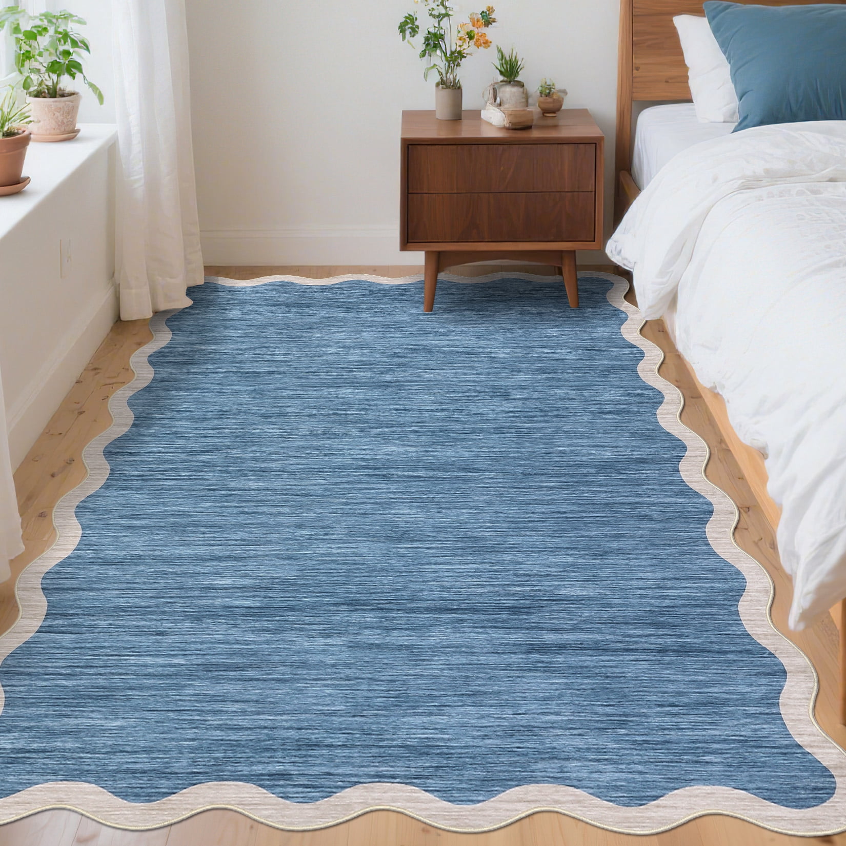 Garvee 10'x13' Modern Scalloped Rug Washable Rug with Non Slip Backing, Neutral Farmhouse Soft Low Pile Carpet for Living Room Bedroom Home Office, Blue