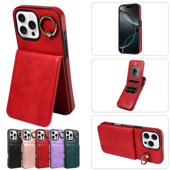 For iPhone 15 Plus Wallet Case with Card Holder, 360° Rotation Ring Kickstand RFID Blocking PU Leather Back Flip Kickstand Magnetic Clasp Shockproof Cover for Women Men Girls,Red