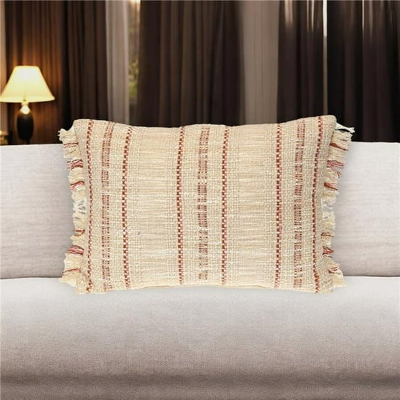 HomeRoots 529219 14 x 20 in. Beige & Pink Striped Cotton Throw Pillow with Fringe