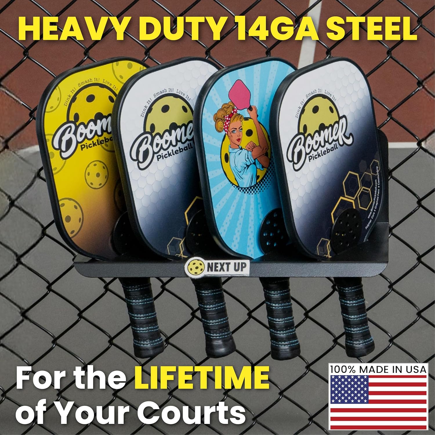 Boomer 45D Pickleball Paddle Rack, 4 Paddle Holder with 45 Degree Display, Heavy Duty Steel Court Organizer