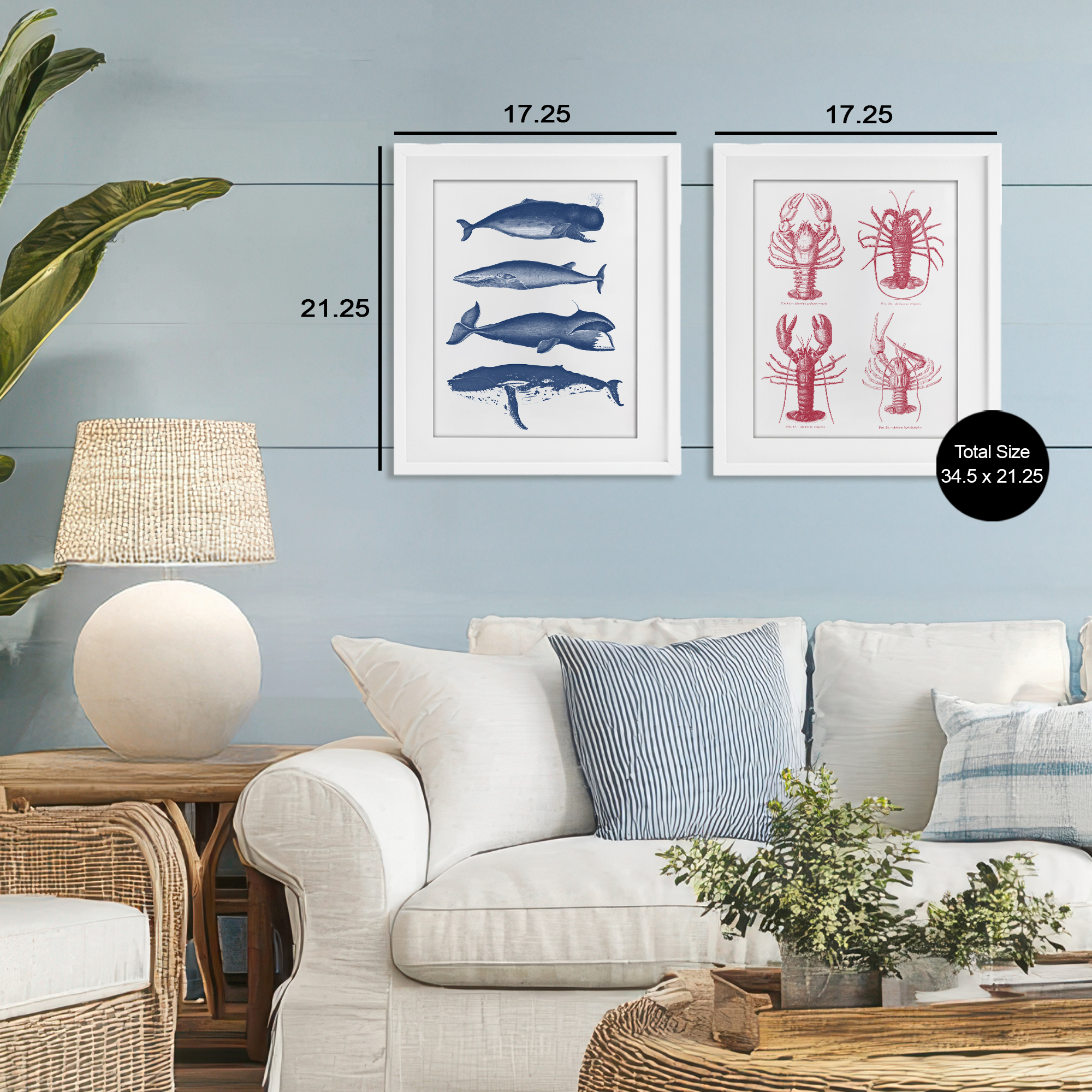 Marine Whales & Lobsters 2 Piece White Framed Print Under Glass Set, design by Lettered and Lined