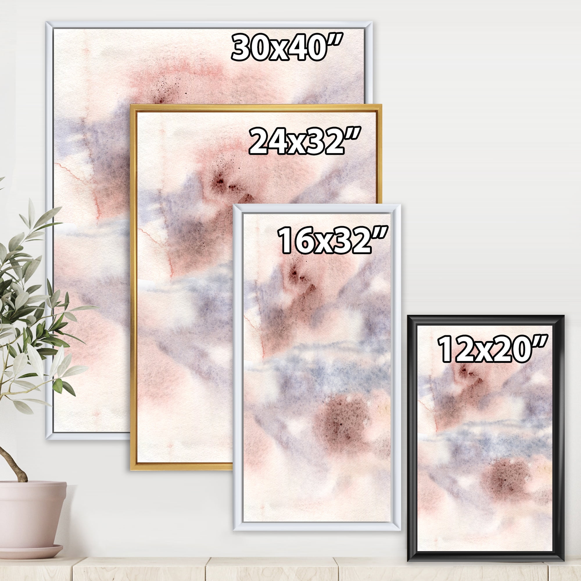 Designart 'Pastel Abstract With Gray Blue Pink and Red Spots' Modern Framed Canvas Wall Art Print