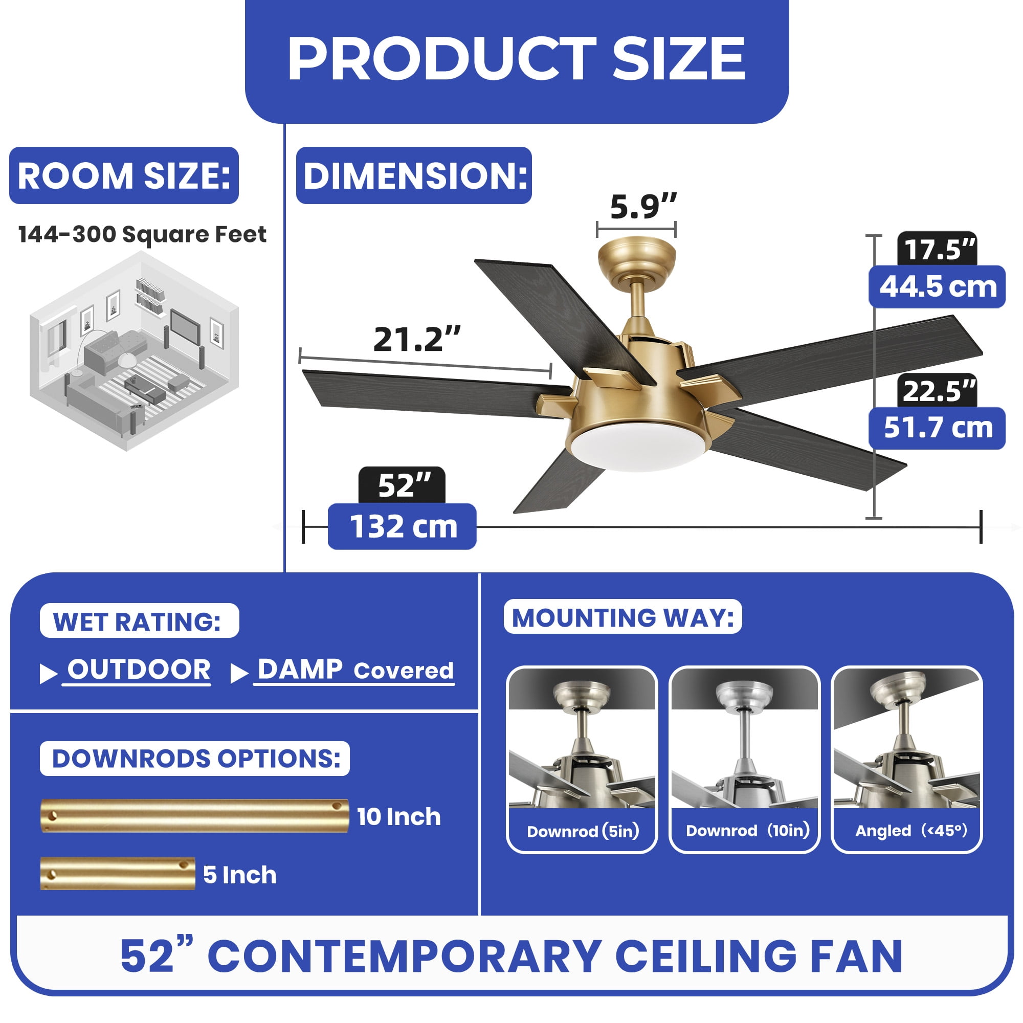 ModFusion 52-Inch LED Ceiling Fan with Remote, Dimmable Lights, 6-Speed, Gold & Black Wood Grain, Timer, Reversible Function, Wall Control