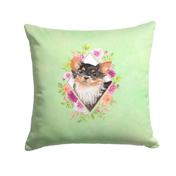Carolines Treasures CK4385PW1414 Longhaired Chihuahua Green Flowers Fabric Decorative Pillow  14Hx14W multicolor