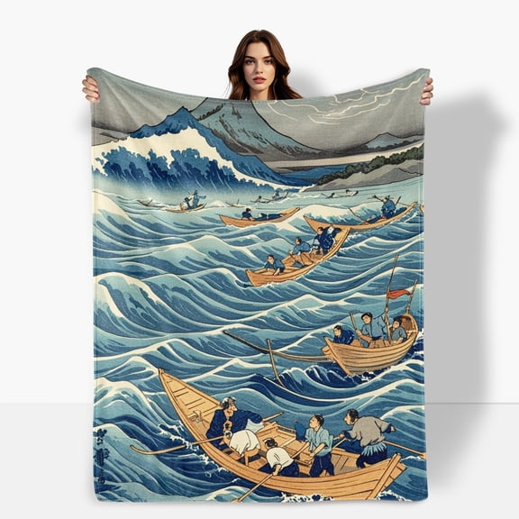Ocean Waves Boat Blue Wall Hanging Flannel Blanket Soft Warm Comfortable For Sofa Bed Travel Camping Living Room Office Chair Polyester Fiber Gift For Family Or Friends