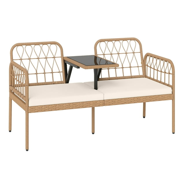 Gymax PE Rattan Outdoor Loveseat w/Built-in Coffee Table & Soft Cushions for Lawn