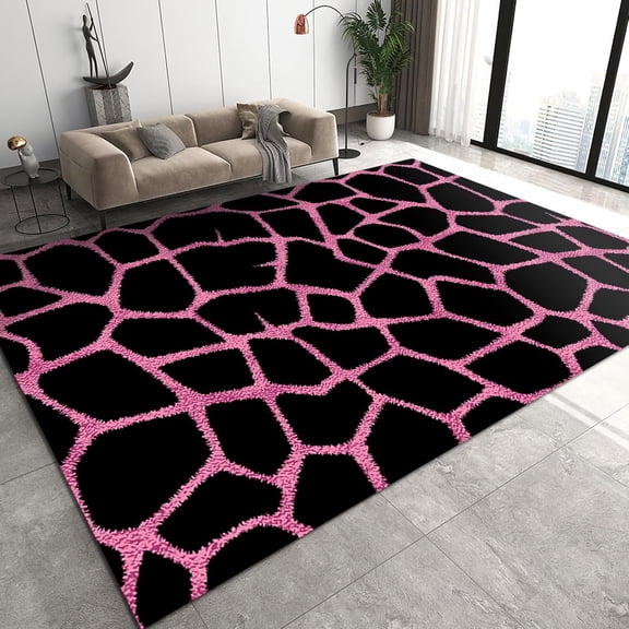 Pink Abstract Pattern Lines Area Rug, Black Geometric Minimalist Indoor Decor Area Rugs Pad, Easy Clean Carpet with Anti-Slip Backing Durable for Bedroom Living Room Dining Room 2x3ft