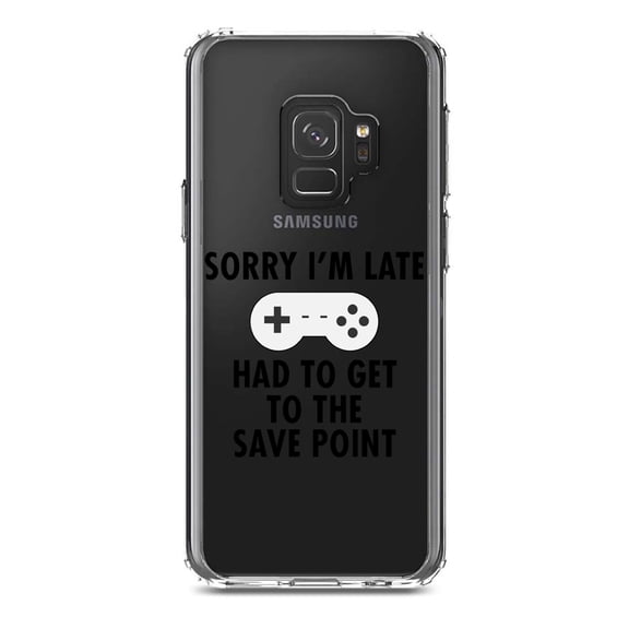 DistinctInk Clear Shockproof Hybrid Case for Samsung Galaxy S9 (5.8" Screen) - TPU Bumper Acrylic Back Tempered Glass Screen Protector - Sorry I'm Late Had to Get to Save Point Gamer