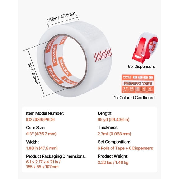 6 Rolls of 2.7 Mil Clear Packing Tape, 65 Yards Each, with Dispenser, Durable Shipping Tape for Boxes