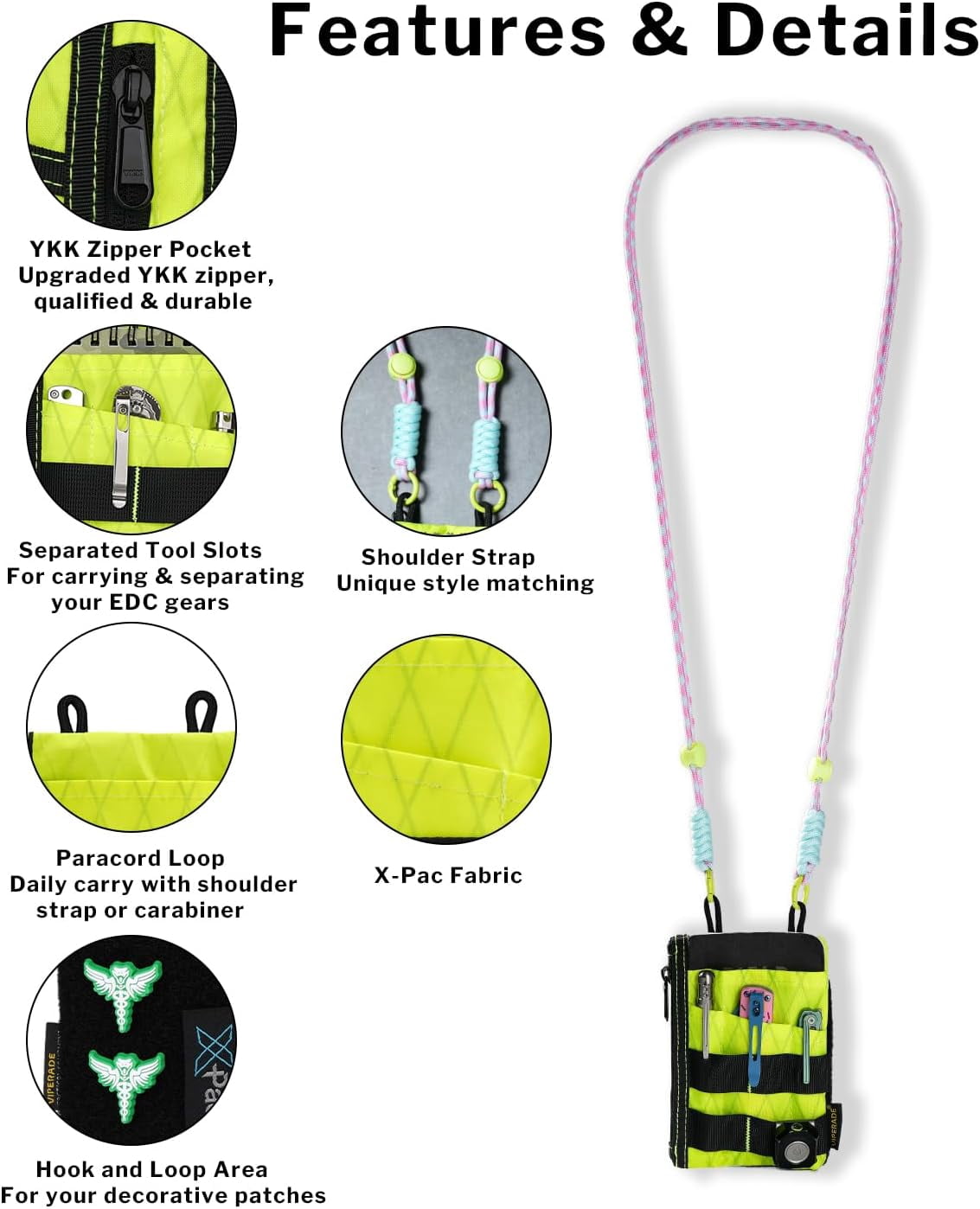 VIPERADE EDC Pocket Pouch with Strap, 5 EDC Pocket with 2 Zipper Pockets, Pocket Ogranizer for Men, Small EDC Sling Organizer Bag, Slim EDC Wallet Multitool Pocket Pouch (XPAC-Hot Lime)