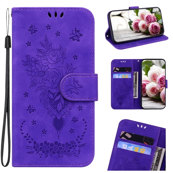 Allytech Case for Galaxy A53 5G, Embossed Flower Butterfly PU Leather Card Slots Kickstand Detachable Wrist Strap Flip Wallet Anti-Scratch Magnetic Snap Case for Samsung Galaxy A53 5G 6.5" 2022,Purple