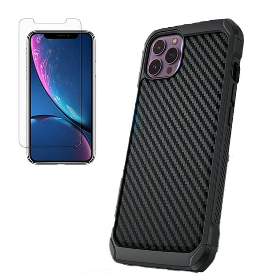 Carbon Fiber Hybrid Hard Case Cover For iPhone 15 Pro with Tempered Glass Screen Protector(6.1" Screen)