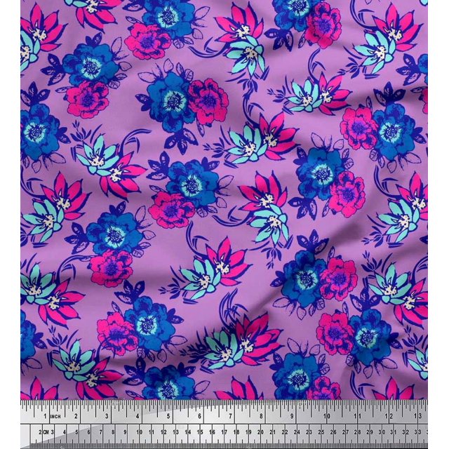 Soimoi Rayon Fabric Leaves,Cosmos & Anemone Floral Print Fabric by the Yard 56 Inch Wide