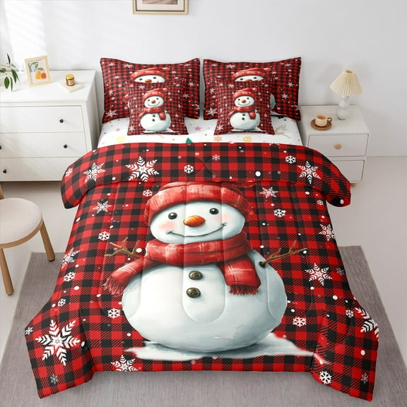 Manfei Winter Cute Snowman Twin Bedding Sets 7-Piece, Merry Christmas Bedding Comforter Set, Teens Boys Girls Kids Reversible Sheet Sets, Luxury Bedroom Decor