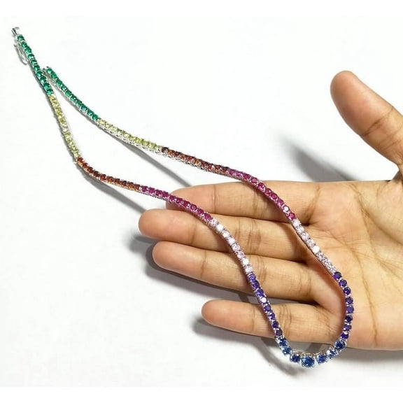 Rainbow Sapphire Silver Tennis Necklace,Multi-Color Sapphire Tennis Necklace,Sapphire Round Rainbow Tennis Necklace, Gradient Ombre Necklace