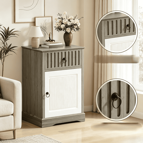 Catrimown White & Grey 18 Inch Farmhouse Nightstands, Wooden Bedside End Table with Drawer