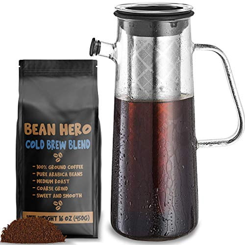 Cold Brew Coffee Maker 1L Glass Pitcher + 1LB Ground Beans for Coldbrew