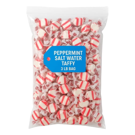 Peppermint Saltwater Taffy – 3 lb Bulk Bag, Soft & Chewy Gourmet Candy, Individually Wrapped Peppermint Taffy Sweets for Parties, Gifts & Candy Buffets
