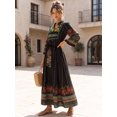 thumbnail image 5 of Women's Boho Embroidered Maxi Dress Long Sleeve V Neck Floral Printed Belted Swing Vacation Dress, 5 of 10