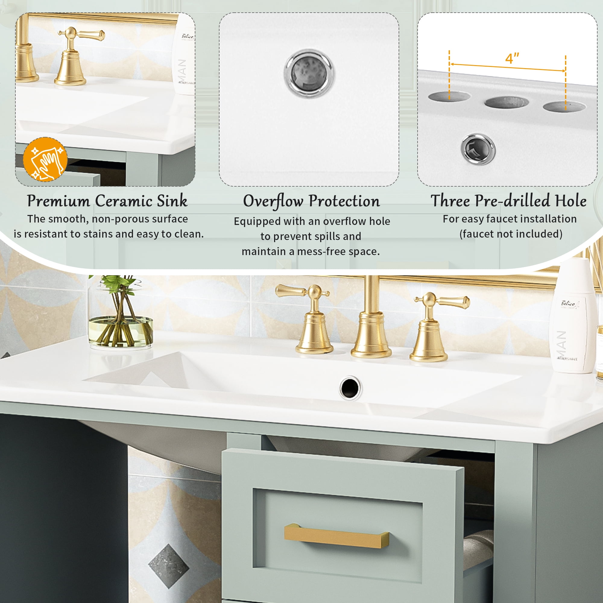 Euroco 30" Bathroom Vanity with Ceramic Sink, Soft-Close Doors & Drawers, Modern Design with Ample Storage