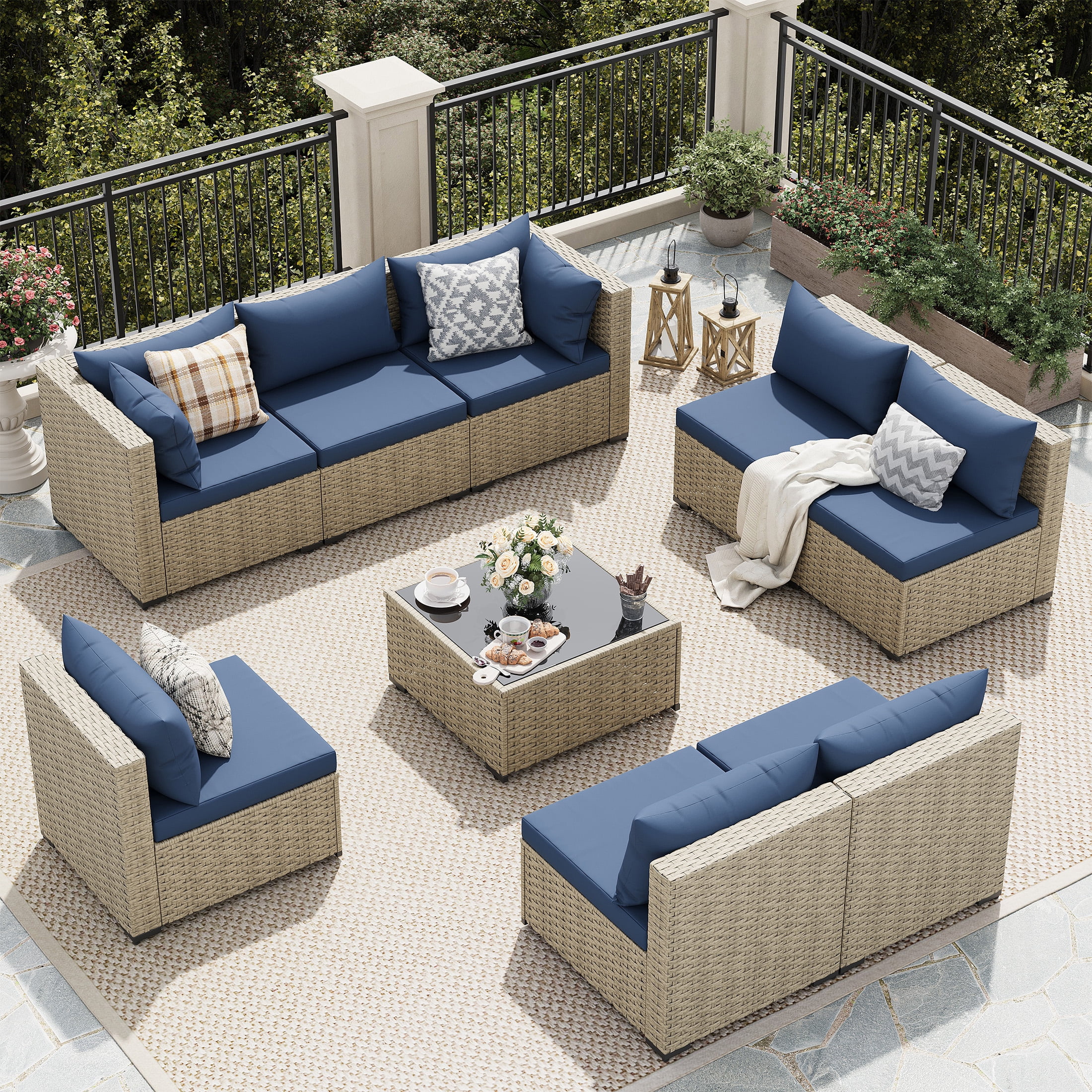 UDPATIO 9 Pieces Outdoor Patio Furniture Set, Outdoor Wicker Patio Conversation Set with Cushions for Backyard, Porch, Garden(Navy)