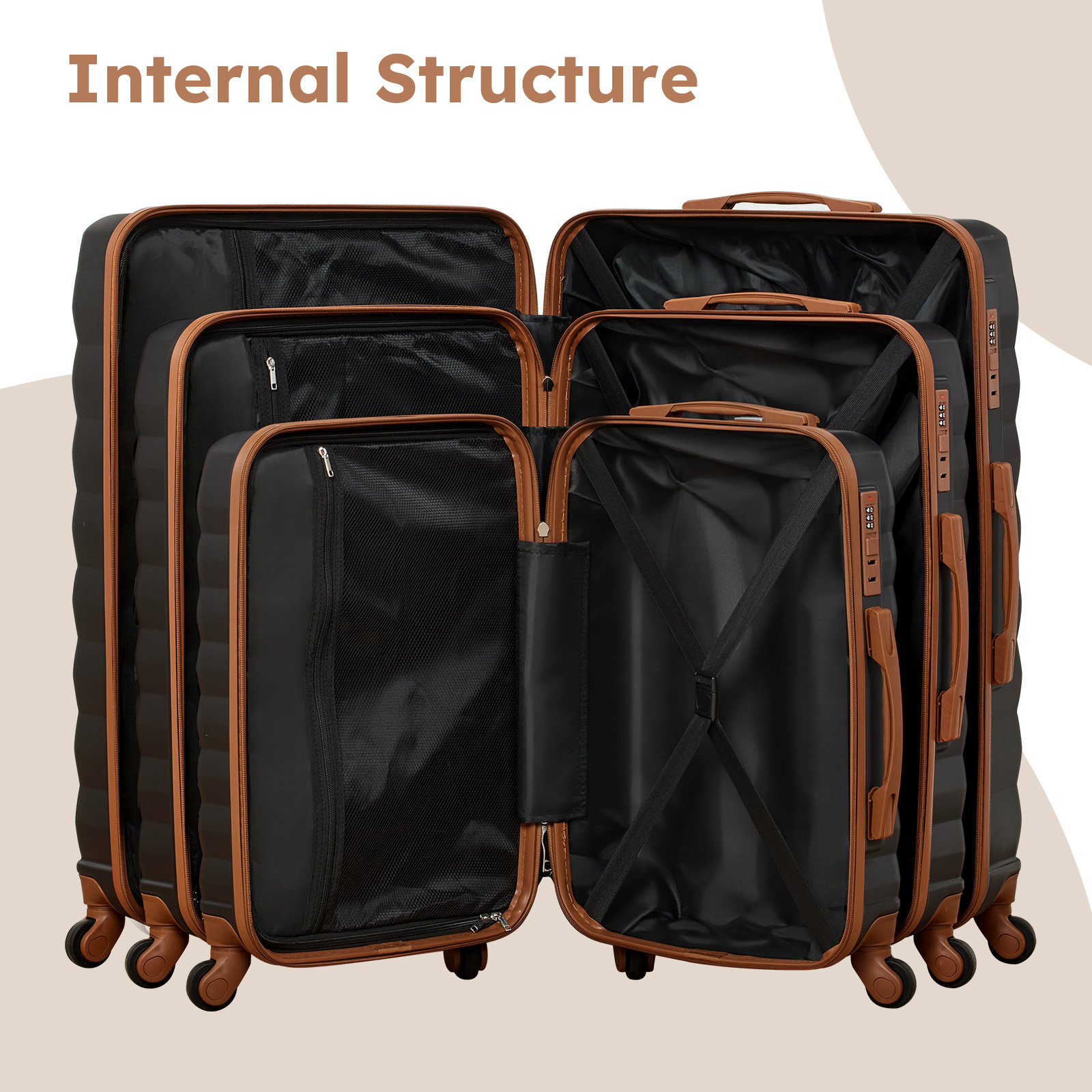 3 Piece Luggage Sets with 6 PC Organize Bags Lightweight Suitcases with Spinner Wheels, Black&Brown
