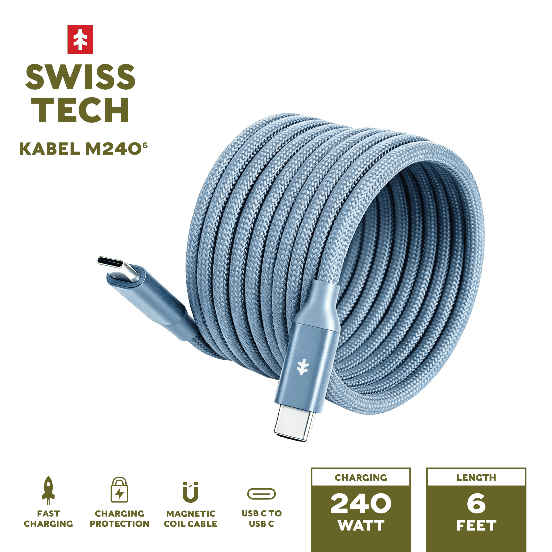 Swiss Tech Kabel M240 6 ft 240W Magnetic Self-Coiling USB-C Charging Cable, Cresta Blue