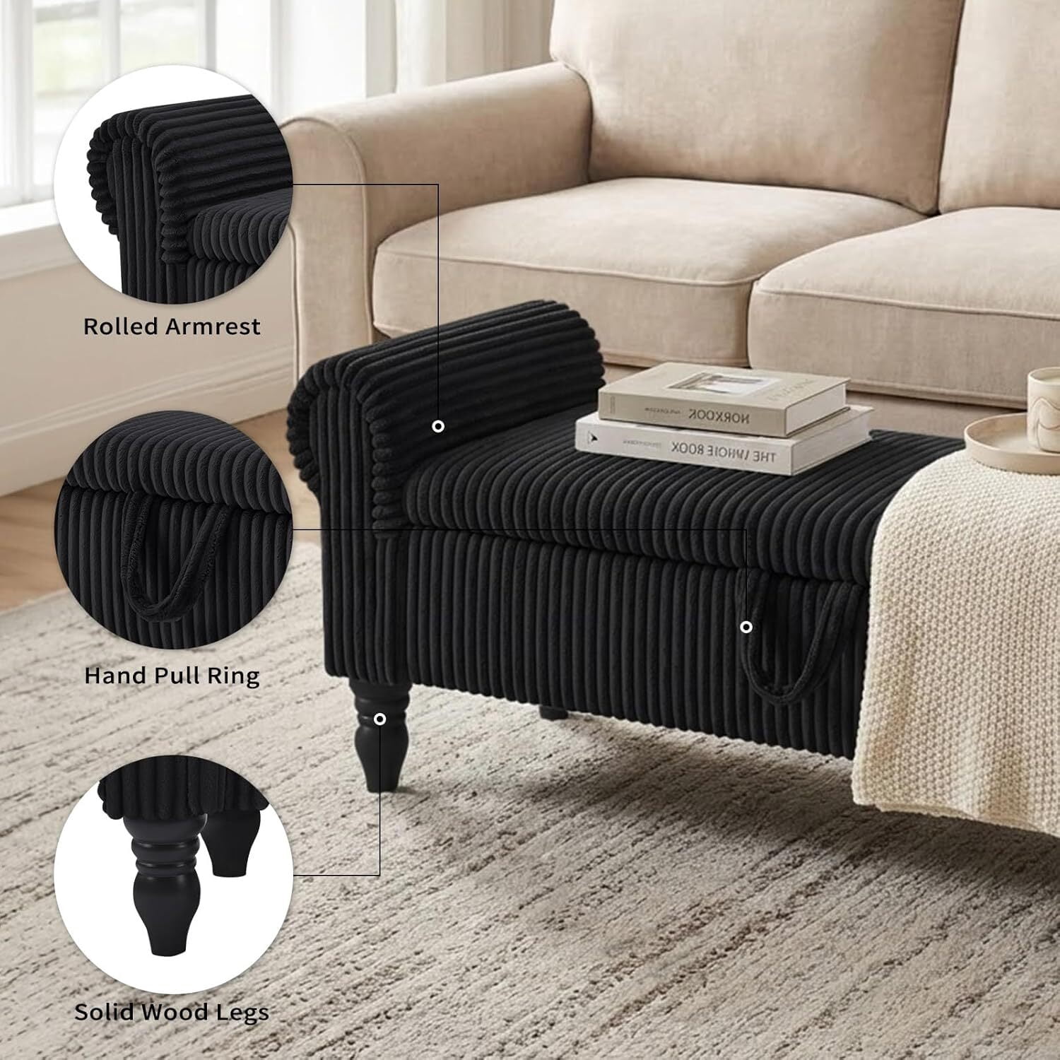 51.5" Corduroy Storage Ottoman Bench, Upholstered End of Bed Bench for Bedroom Living Room Entryway Window Seat（Black）